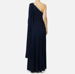 Elisabetta Franchi Red Carpet Dresses|Red Carpet|One-shoulder red carpet dress in pleated lurex jersey Navy