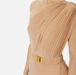 Elisabetta Franchi Red Carpet Dresses|Red Carpet|One-shoulder red carpet dress in pleated lurex jersey PeachRose