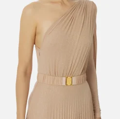 Elisabetta Franchi Red Carpet Dresses|Red Carpet|One-shoulder red carpet dress in pleated lurex jersey Nude