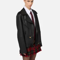 Elisabetta Franchi Jackets And Trench Coats|Oversized biker jacket in used-effect leather Black
