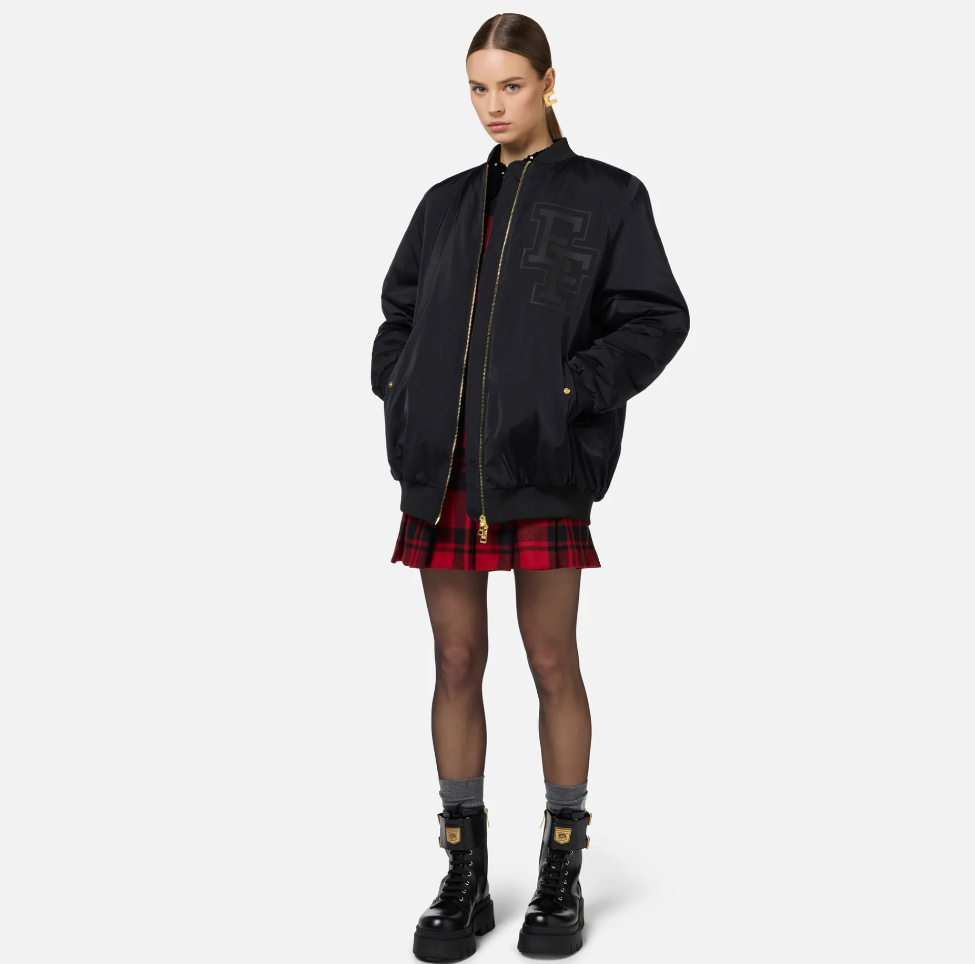 Elisabetta Franchi Coats And Jackets|Oversized bomber jacket in satin nylon with logo Black