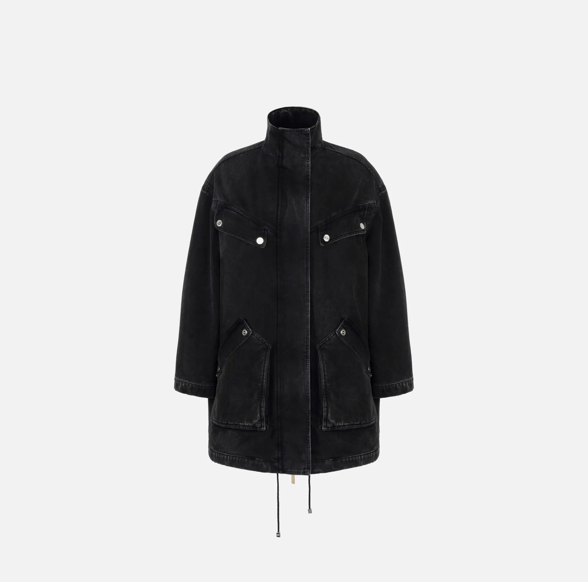 Elisabetta Franchi Jackets And Trench Coats|Oversized denim parka with faux sheepskin Black