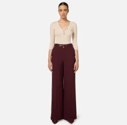Elisabetta Franchi Trousers And Shorts|Palazzo trousers in enver satin fabric with horsebit RougeNoir/Butter