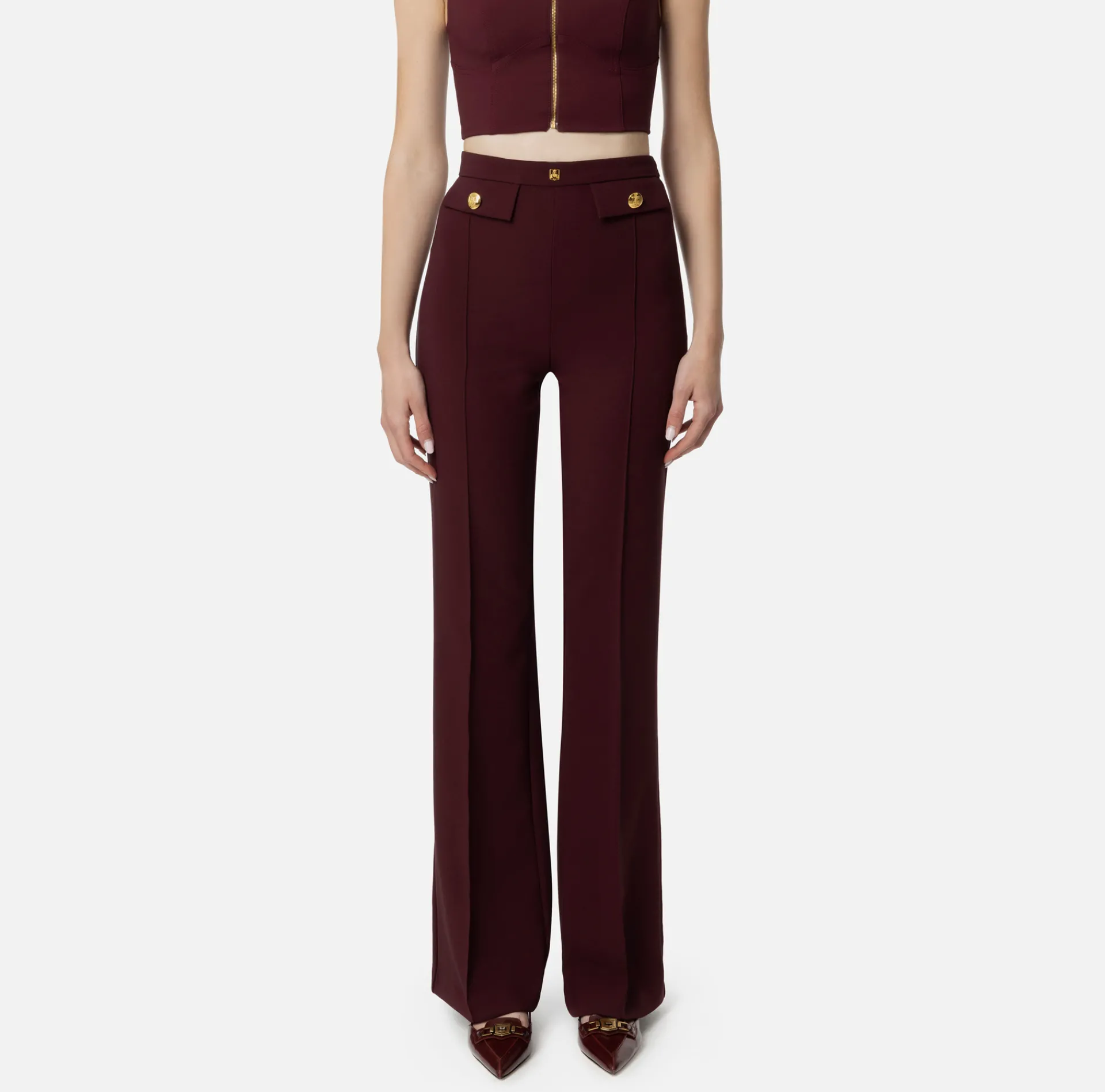 Elisabetta Franchi Trousers And Shorts|Tailleur|Palazzo trousers in stretch crêpe fabric with logo rivet RougeNoir