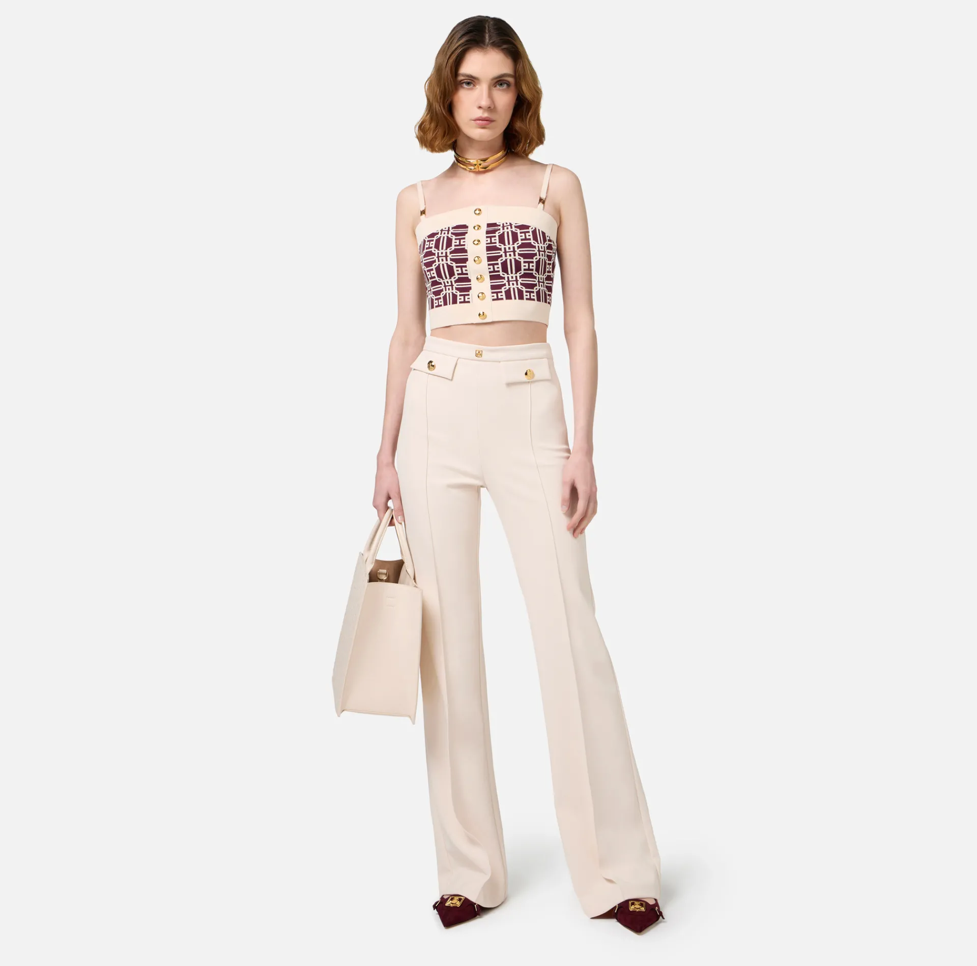 Elisabetta Franchi Trousers And Shorts|Tailleur|Palazzo trousers in stretch crêpe fabric with logo rivet Butter