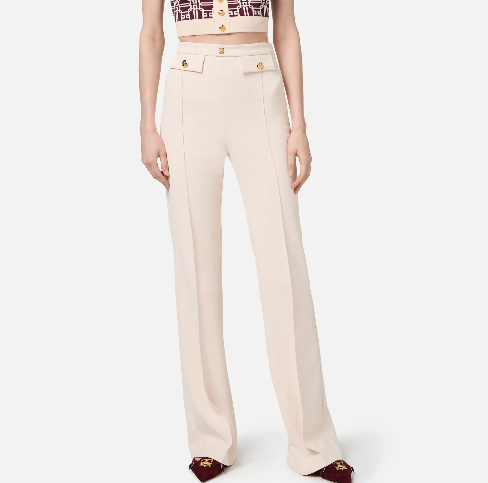 Elisabetta Franchi Trousers And Shorts|Tailleur|Palazzo trousers in stretch crêpe fabric with logo rivet Butter