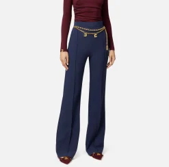 Elisabetta Franchi Trousers And Shorts|Palazzo trousers in stretch crêpe fabric with belt Navy