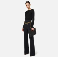 Elisabetta Franchi Trousers And Shorts|Palazzo trousers in stretch crêpe fabric with belt Black