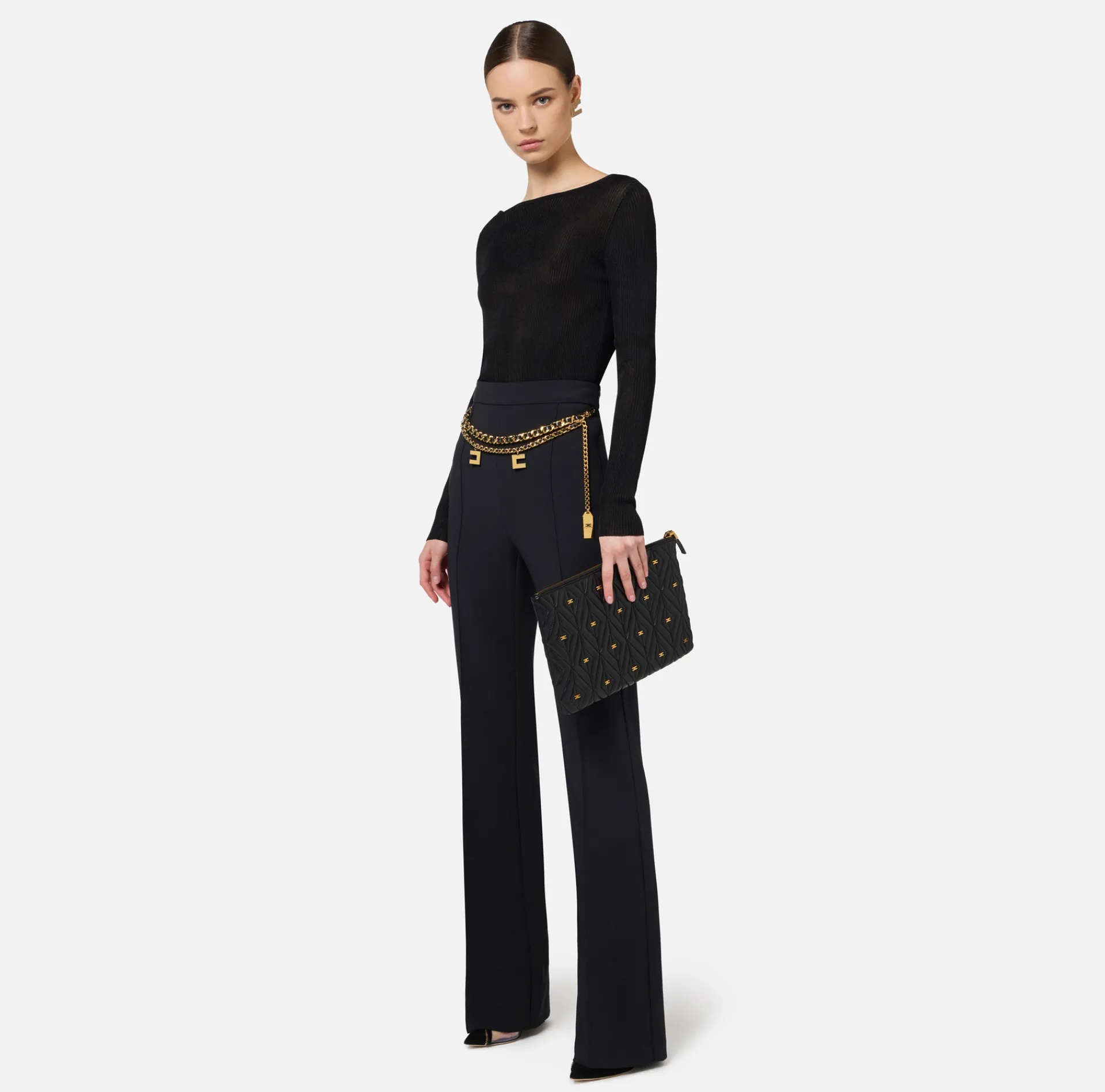 Elisabetta Franchi Trousers And Shorts|Palazzo trousers in stretch crêpe fabric with belt Black