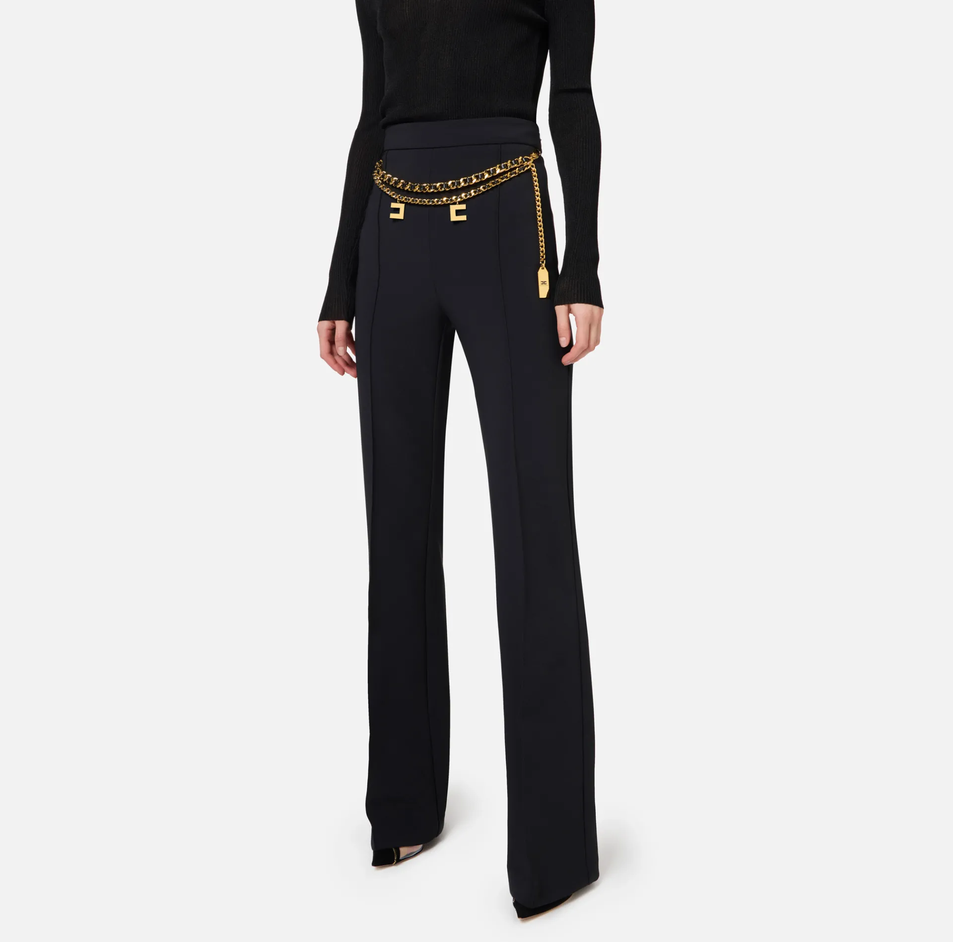 Elisabetta Franchi Trousers And Shorts|Palazzo trousers in stretch crêpe fabric with belt Black