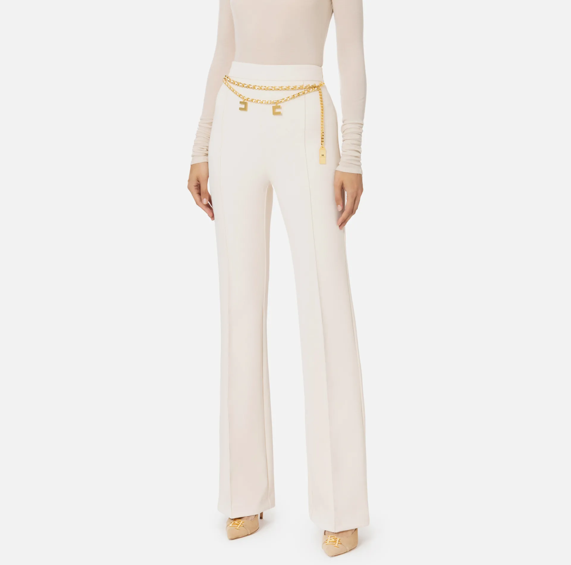 Elisabetta Franchi Trousers And Shorts|Palazzo trousers in stretch crêpe fabric with belt Butter