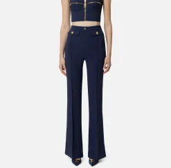 Elisabetta Franchi Trousers And Shorts|Tailleur|Palazzo trousers in stretch crêpe fabric with logo rivet Navy