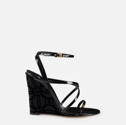 Elisabetta Franchi Sandals|Patent leather sandals with satin wedge Black