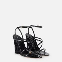 Elisabetta Franchi Sandals|Patent leather sandals with satin wedge Black