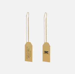 Elisabetta Franchi Jewelry|Pendant metal earrings with rectangular logo plaque YellowGold