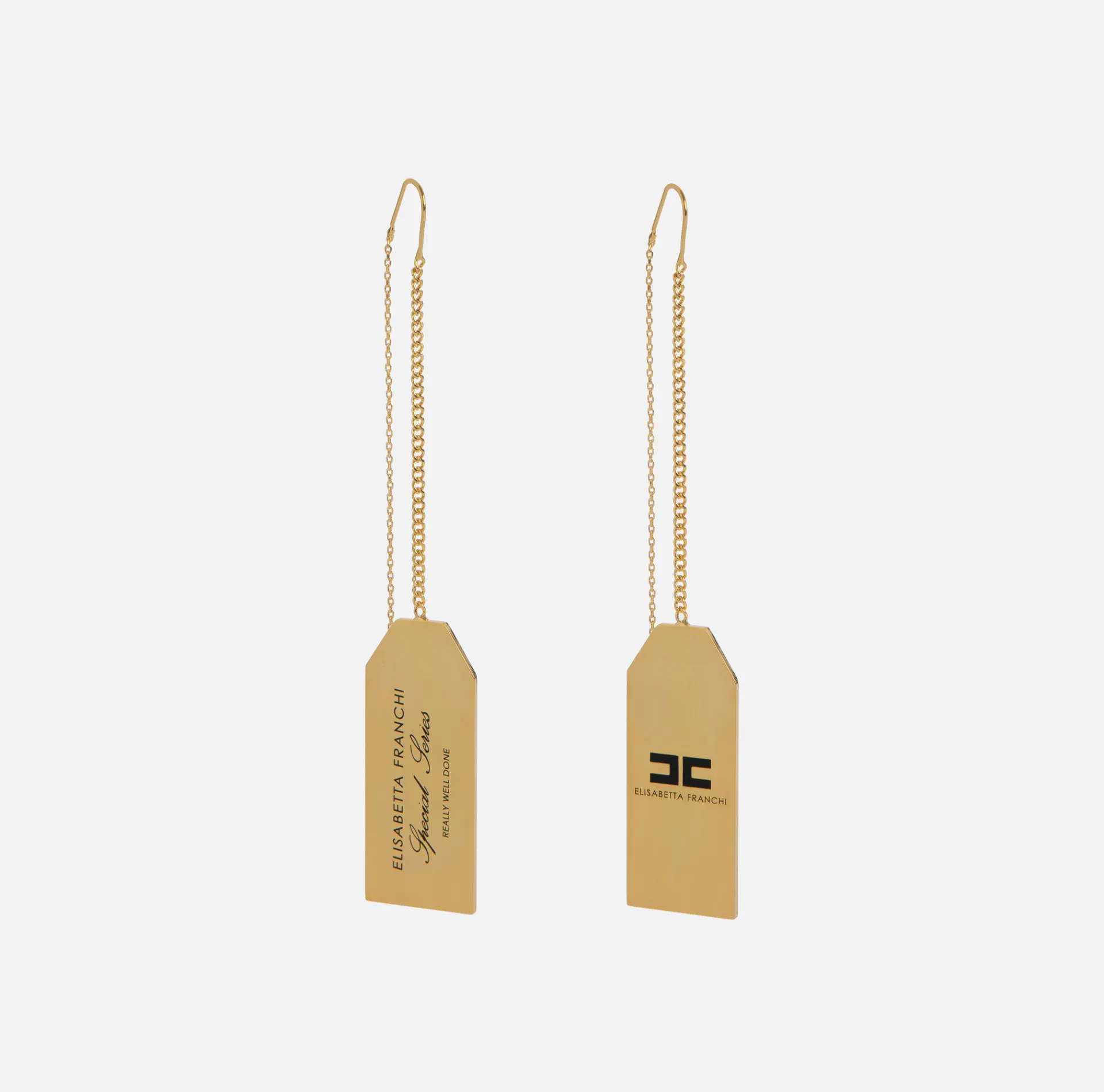 Elisabetta Franchi Jewelry|Pendant metal earrings with rectangular logo plaque YellowGold