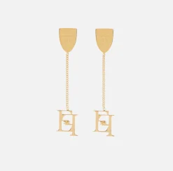 Elisabetta Franchi Jewelry|Pendant metal earrings with logo emblem YellowGold