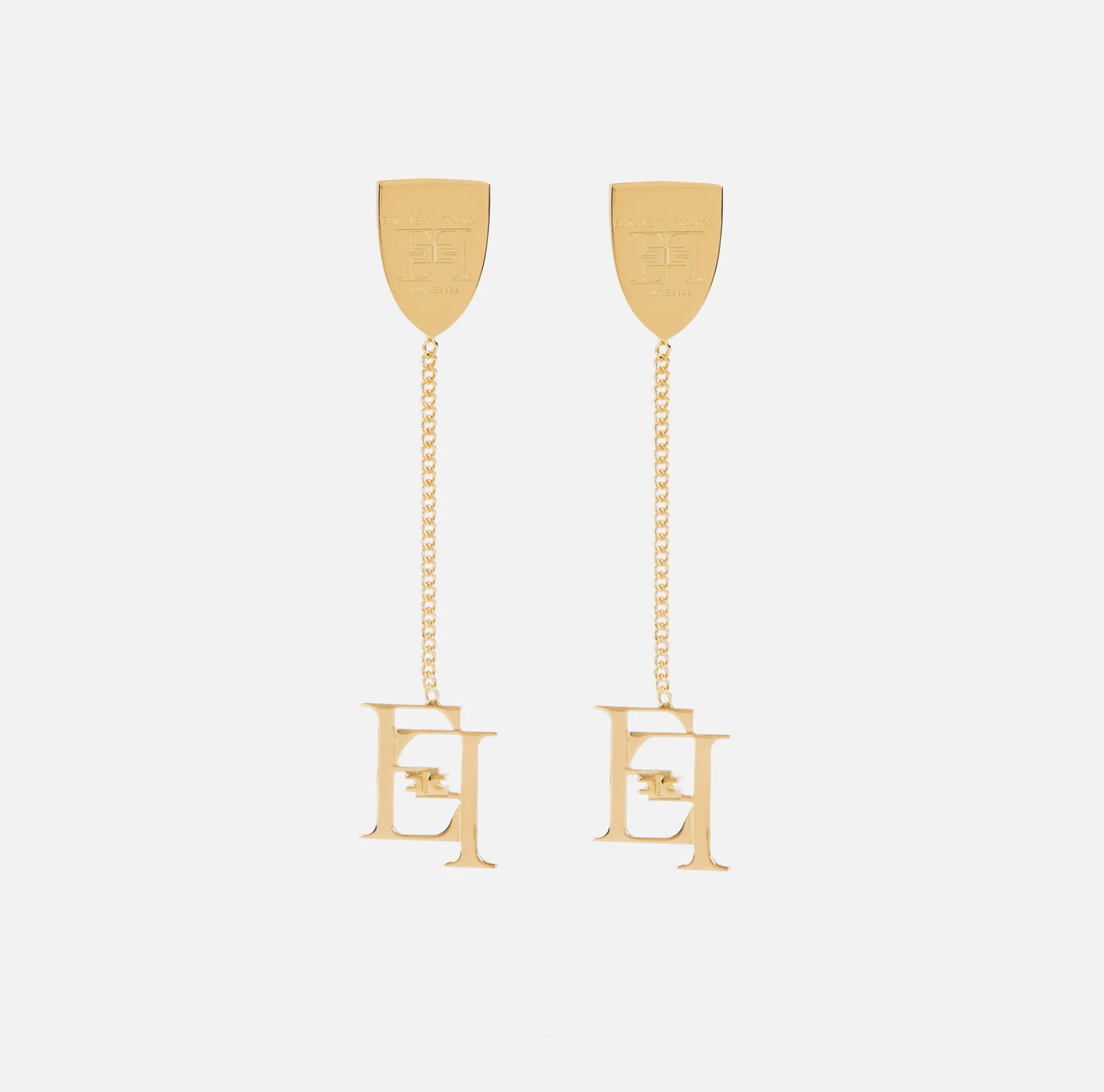 Elisabetta Franchi Jewelry|Pendant metal earrings with logo emblem YellowGold