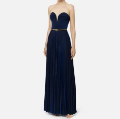 Elisabetta Franchi Red Carpet Dresses|Red Carpet|Pleated red carpet dress in lurex jersey with belt Navy