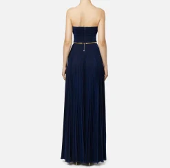 Elisabetta Franchi Red Carpet Dresses|Red Carpet|Pleated red carpet dress in lurex jersey with belt Navy