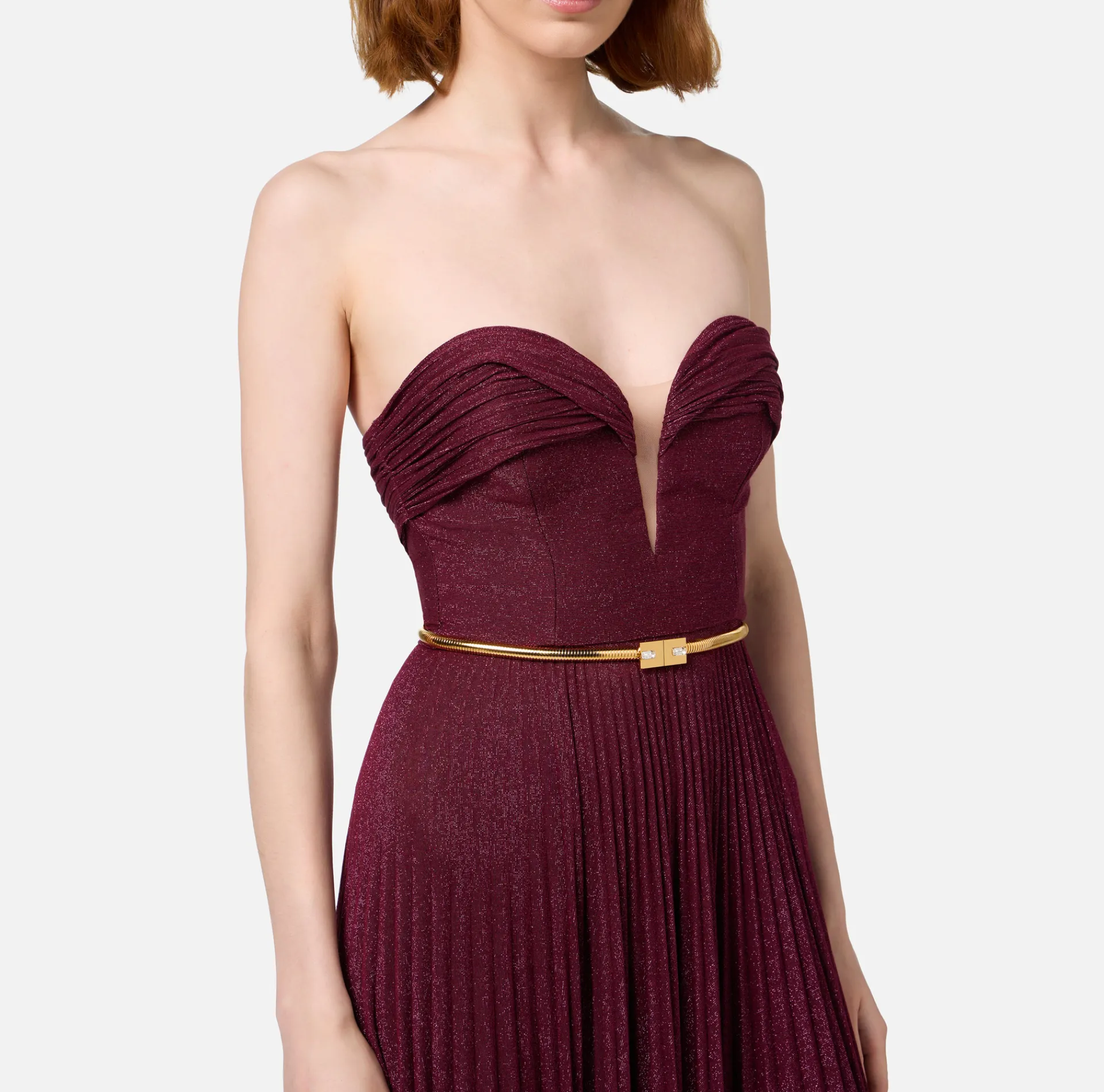 Elisabetta Franchi Red Carpet Dresses|Red Carpet|Pleated red carpet dress in lurex jersey with belt RougeNoir
