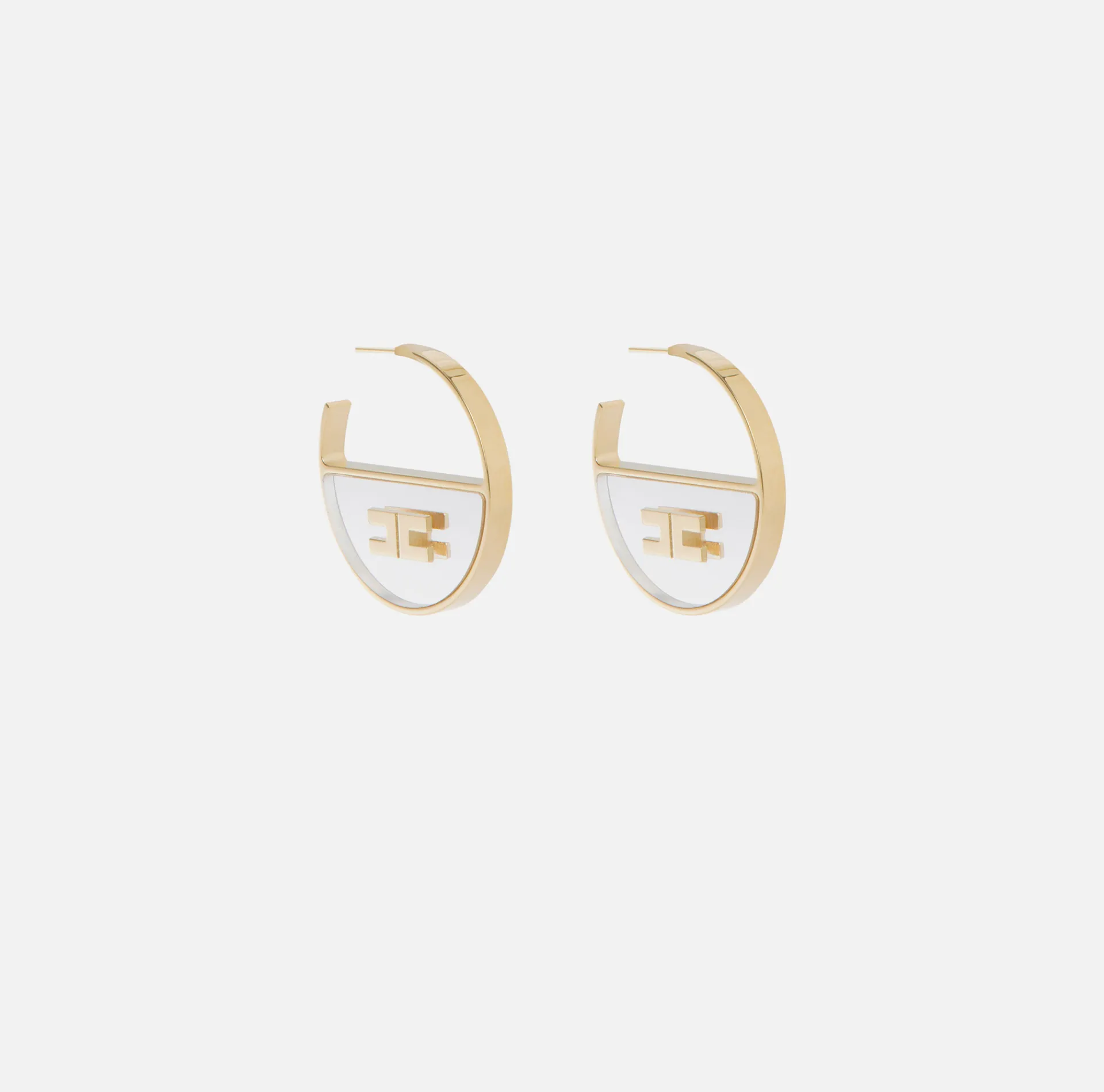 Elisabetta Franchi Jewelry|Plexiglas hoop earrings with logo YellowGold/Crystal