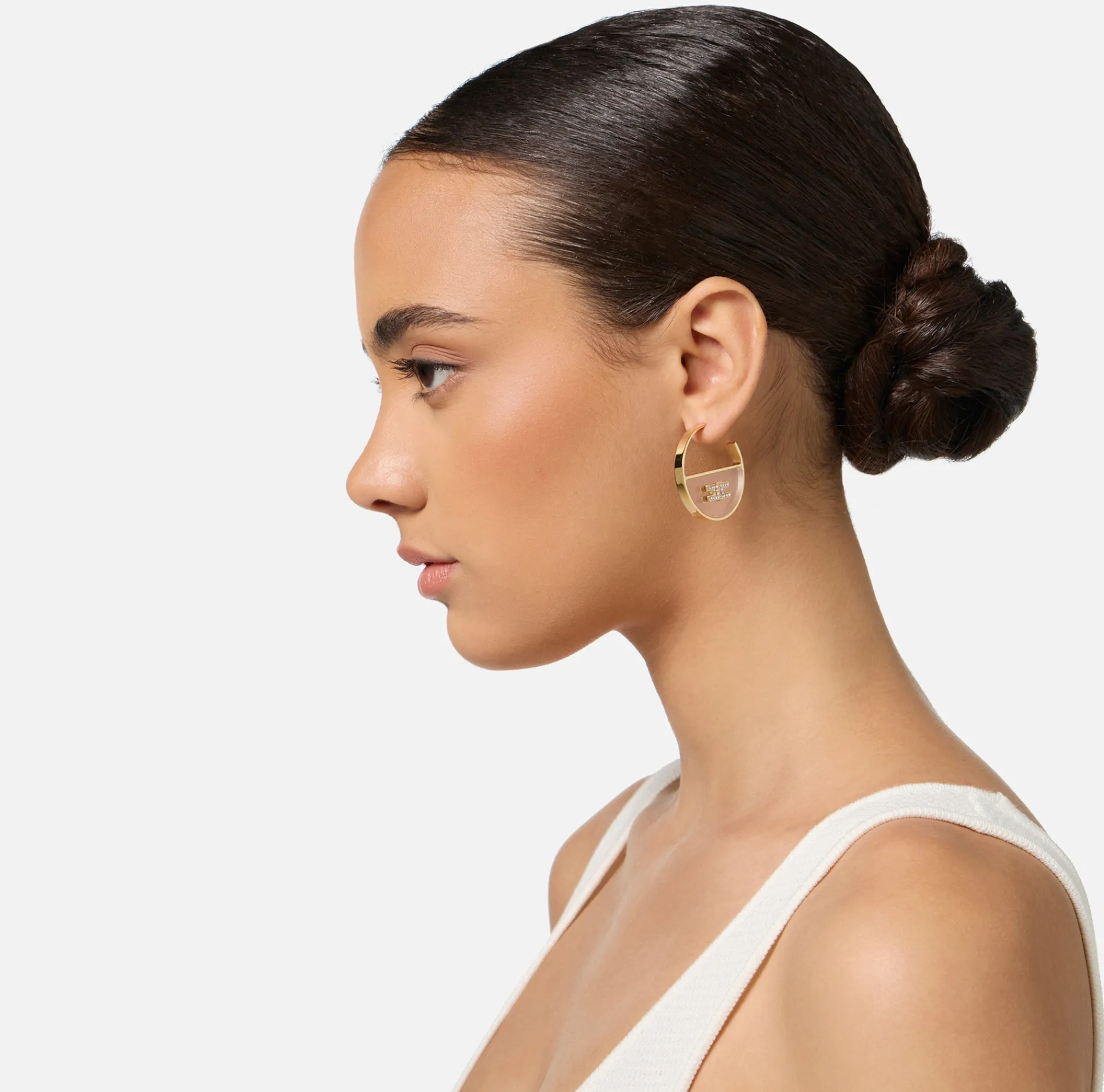 Elisabetta Franchi Jewelry|Plexiglas hoop earrings with logo YellowGold/Crystal