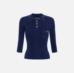 Elisabetta Franchi Knitwear And Sweatshirts|Polo shirt in narrow-ribbed lyocell and silk fabric with logo embroidery Navy