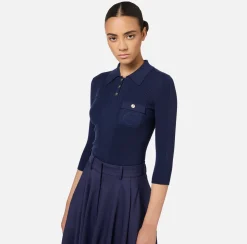 Elisabetta Franchi Knitwear And Sweatshirts|Polo shirt in narrow-ribbed lyocell and silk fabric with logo embroidery Navy