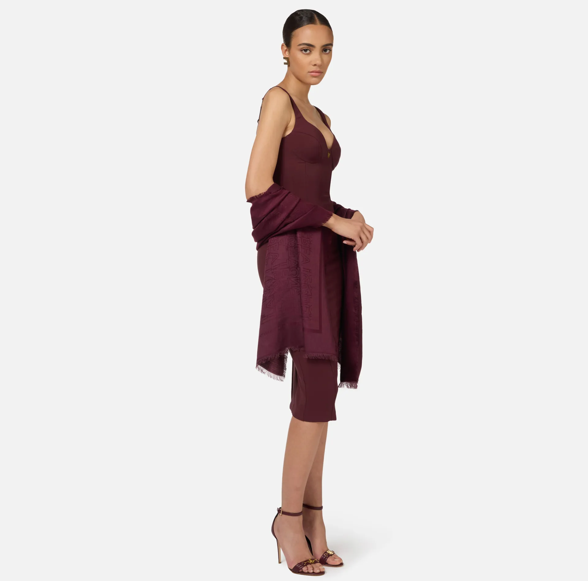 Elisabetta Franchi Scarves|Rectangular viscose jacquard pashmina scarf with logo lettering RougeNoir