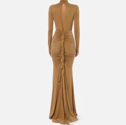 Elisabetta Franchi Red Carpet Dresses|Red Carpet|Red carpet dress in draped jersey with necklace Camel