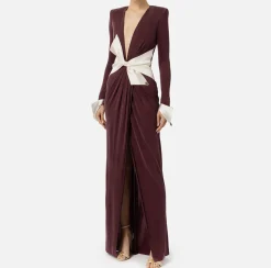 Elisabetta Franchi Red Carpet Dresses|Red Carpet|Red carpet dress in draped jersey with sash belt RougeNoir/Butter