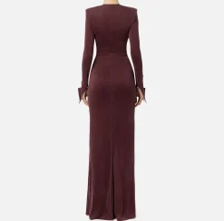 Elisabetta Franchi Red Carpet Dresses|Red Carpet|Red carpet dress in draped jersey with sash belt RougeNoir/Butter