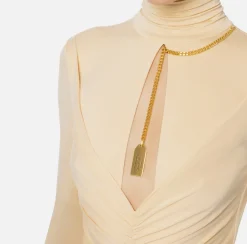 Elisabetta Franchi Red Carpet Dresses|Red Carpet|Red carpet dress in draped jersey with necklace Cream