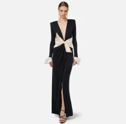 Elisabetta Franchi Red Carpet Dresses|Red Carpet|Red carpet dress in draped jersey with sash belt Black/Butter
