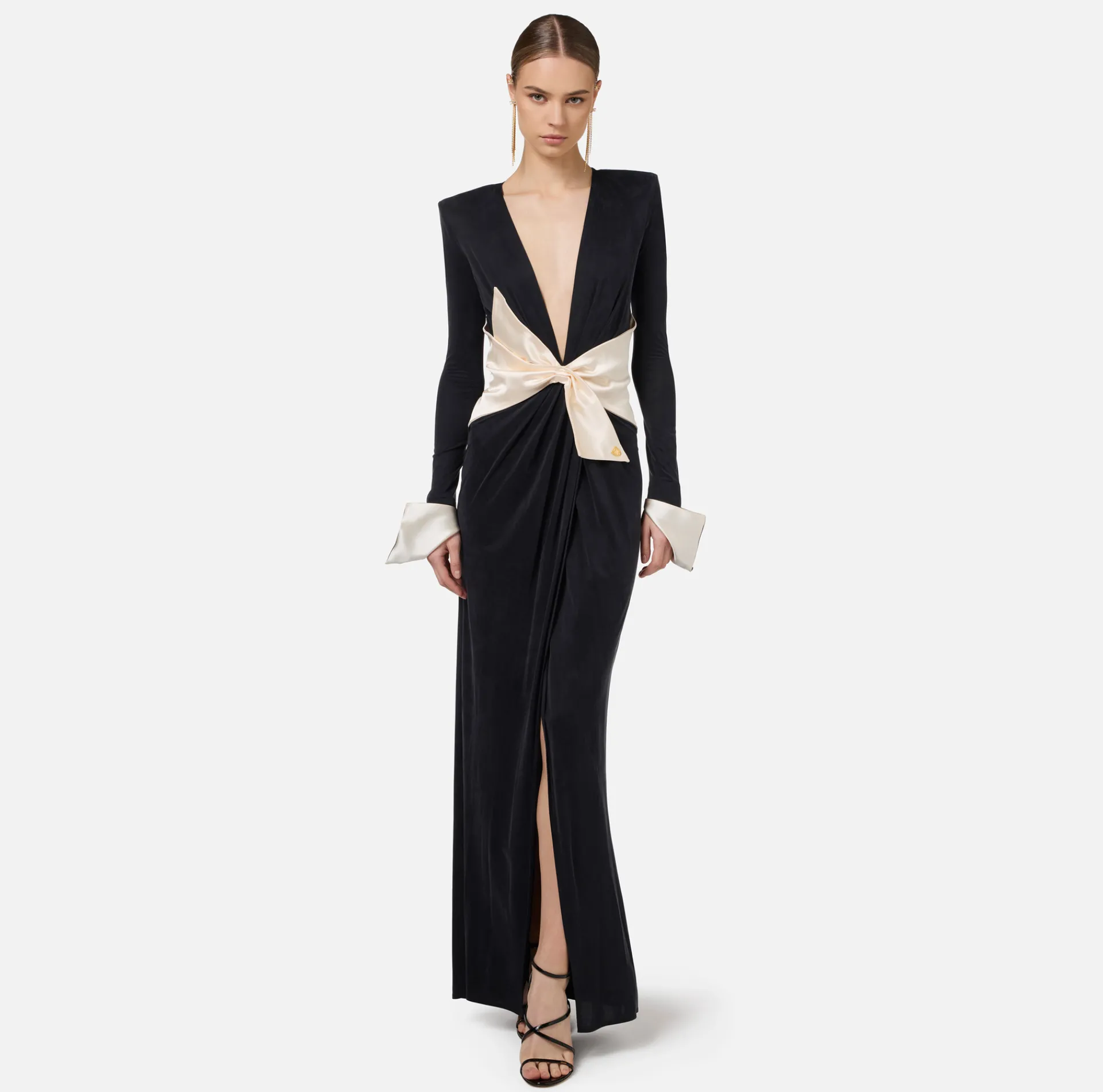 Elisabetta Franchi Red Carpet Dresses|Red Carpet|Red carpet dress in draped jersey with sash belt Black/Butter