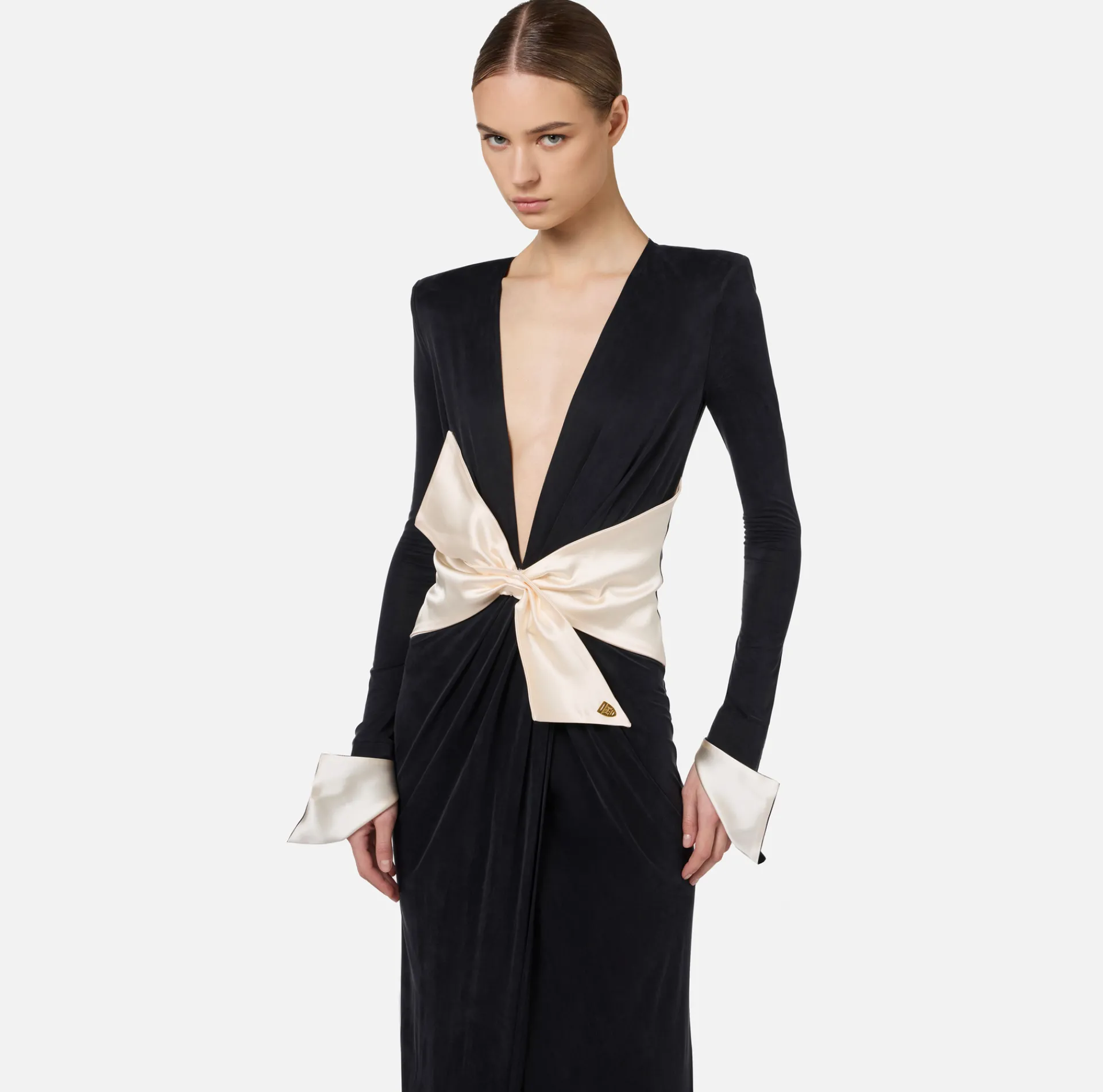 Elisabetta Franchi Red Carpet Dresses|Red Carpet|Red carpet dress in draped jersey with sash belt Black/Butter