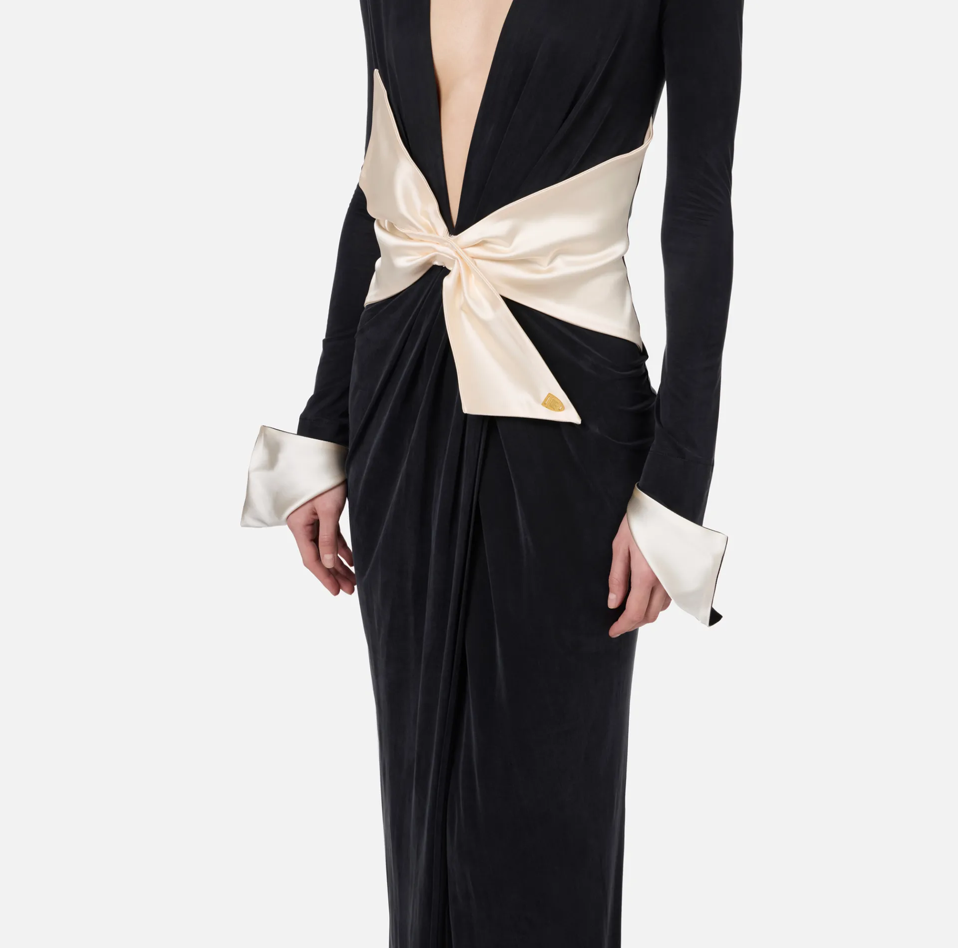 Elisabetta Franchi Red Carpet Dresses|Red Carpet|Red carpet dress in draped jersey with sash belt Black/Butter