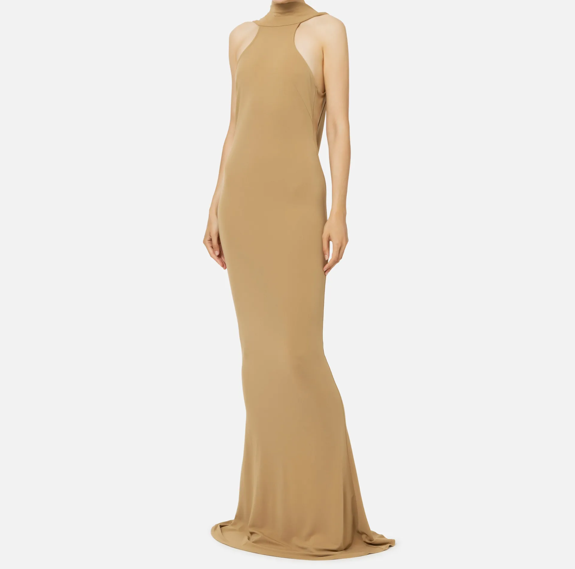 Elisabetta Franchi Red Carpet Dresses|Red Carpet|Red carpet dress in jersey with necklace on the back Camel