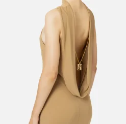 Elisabetta Franchi Red Carpet Dresses|Red Carpet|Red carpet dress in jersey with necklace on the back Camel