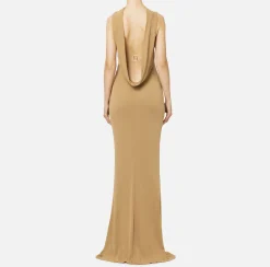 Elisabetta Franchi Red Carpet Dresses|Red Carpet|Red carpet dress in jersey with necklace on the back Camel