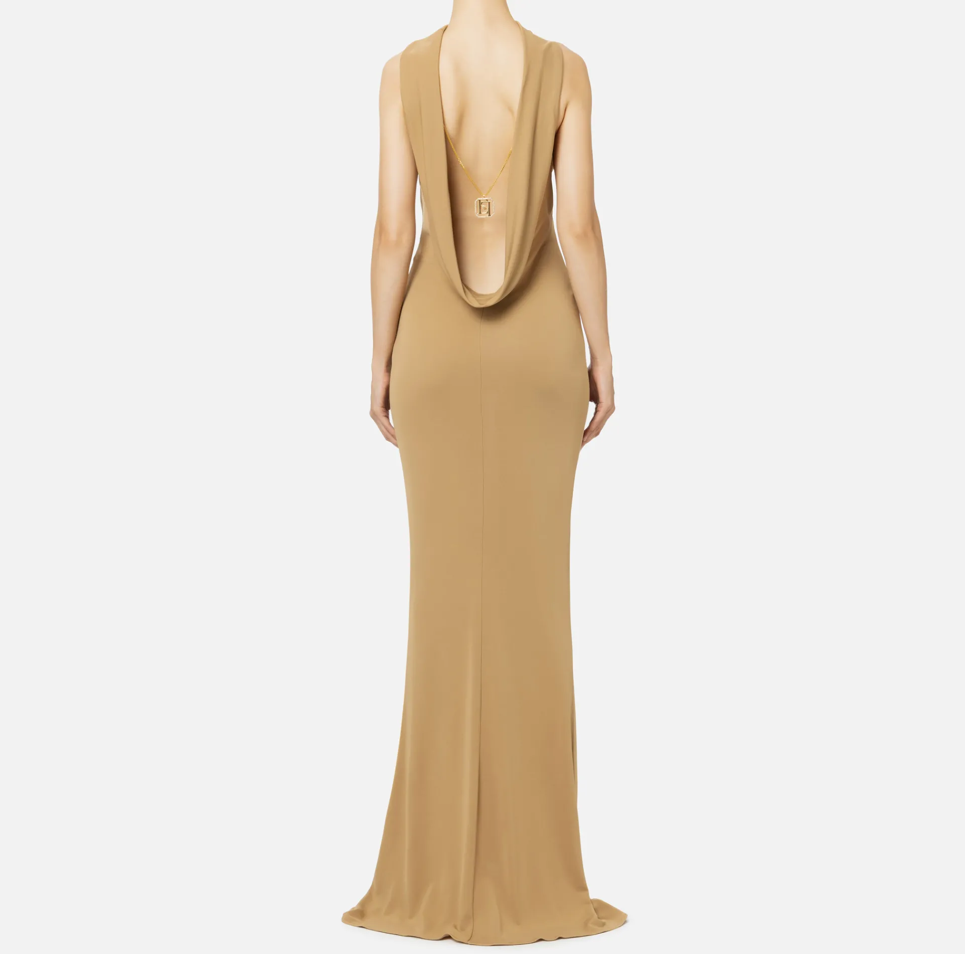 Elisabetta Franchi Red Carpet Dresses|Red Carpet|Red carpet dress in jersey with necklace on the back Camel