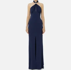 Elisabetta Franchi Dresses|Red Carpet Dresses|Red carpet dress in jersey with draping and logo plaque Navy