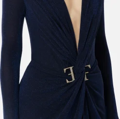 Elisabetta Franchi Dresses|Red Carpet Dresses|Red carpet dress in lurex jersey with knot and logo accessory Navy