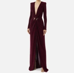 Elisabetta Franchi Dresses|Red Carpet Dresses|Red carpet dress in lurex jersey with knot and logo accessory RougeNoir