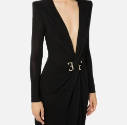 Elisabetta Franchi Dresses|Red Carpet Dresses|Red carpet dress in lurex jersey with knot and logo accessory Black
