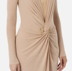 Elisabetta Franchi Dresses|Red Carpet Dresses|Red carpet dress in lurex jersey with knot and logo accessory Nude