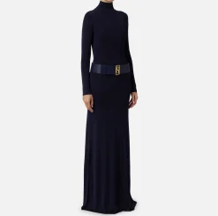 Elisabetta Franchi Red Carpet Dresses|Knitted Dresses|Red carpet dress in shiny viscose fabric with belt Navy