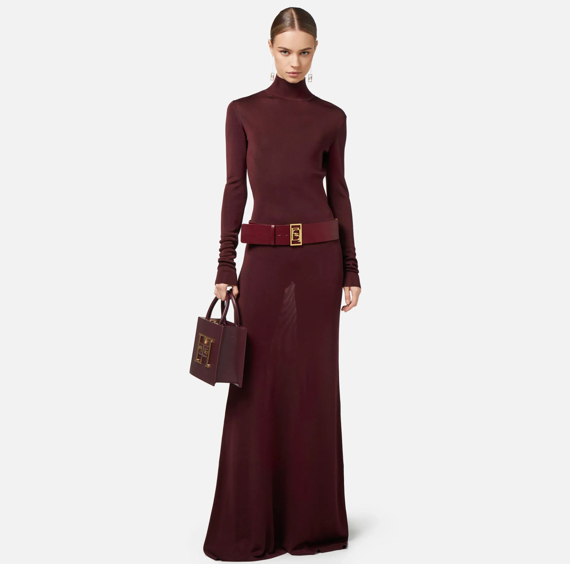 Elisabetta Franchi Red Carpet Dresses|Knitted Dresses|Red carpet dress in shiny viscose fabric with belt RougeNoir