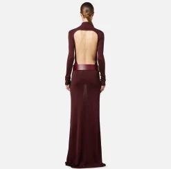 Elisabetta Franchi Red Carpet Dresses|Knitted Dresses|Red carpet dress in shiny viscose fabric with belt RougeNoir